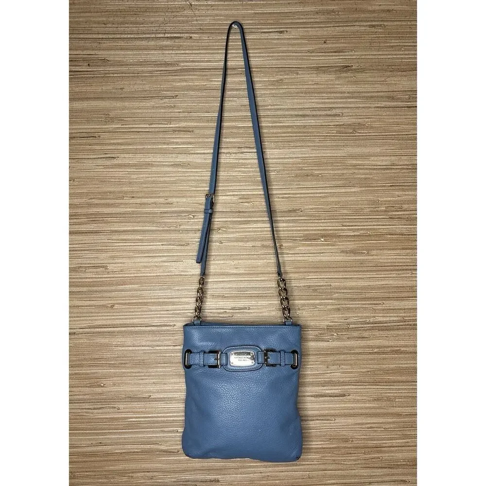 Michael Kors Hamilton Pebbled Leather Crossbody Bag Blue 11” x 10”